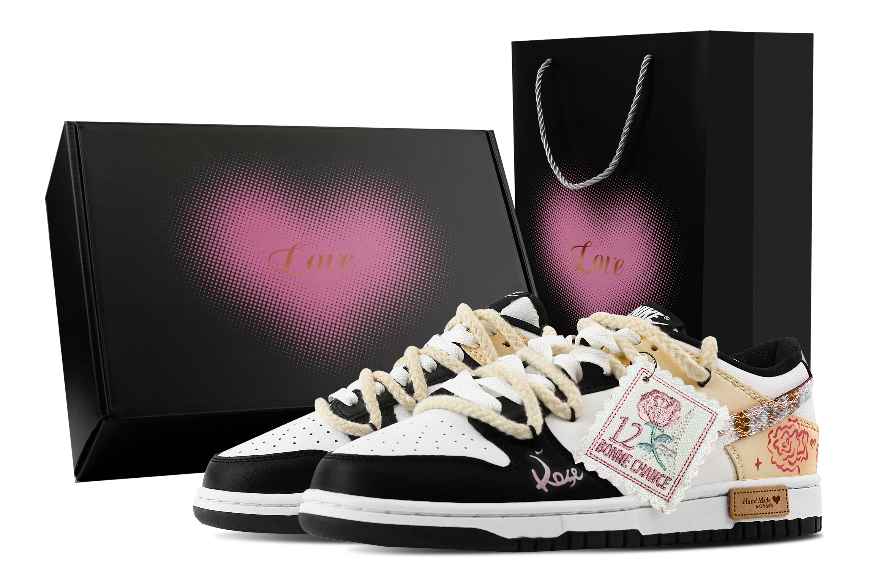 Nike Dunk Multicolor Rose Heart Box Slip Resistant Abrasion Resistant Low top Skateboard Shoes Unisex Black Yellow