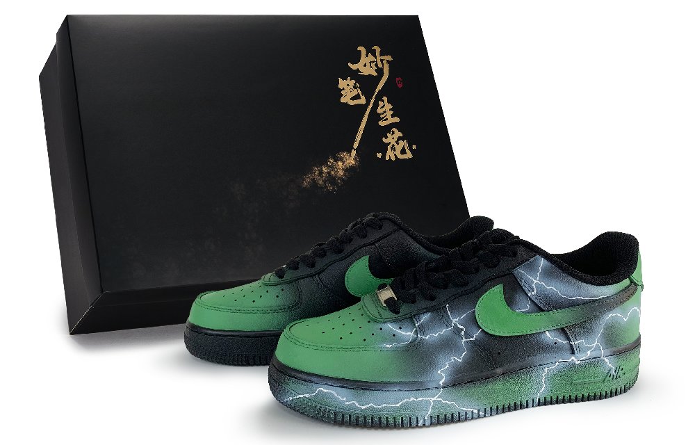 Nike Air Force 1 Wondrous Brush Blossoms, Thunder Realm Abrasion Resistant Low Top Skateboard Shoes Unisex Black Green