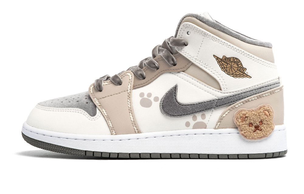 Jordan Air Jordan 1 Adorable Bear Anti Slip Wear Resistant Mid Top Vintage Basketball Shoes GS Beige Brown Gray