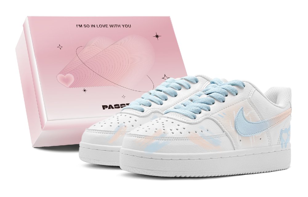 Nike Court Vision 1 Summer Travel Romantic Heart Puzzle Low-Top Skateboard Shoes Women's Pink Blue