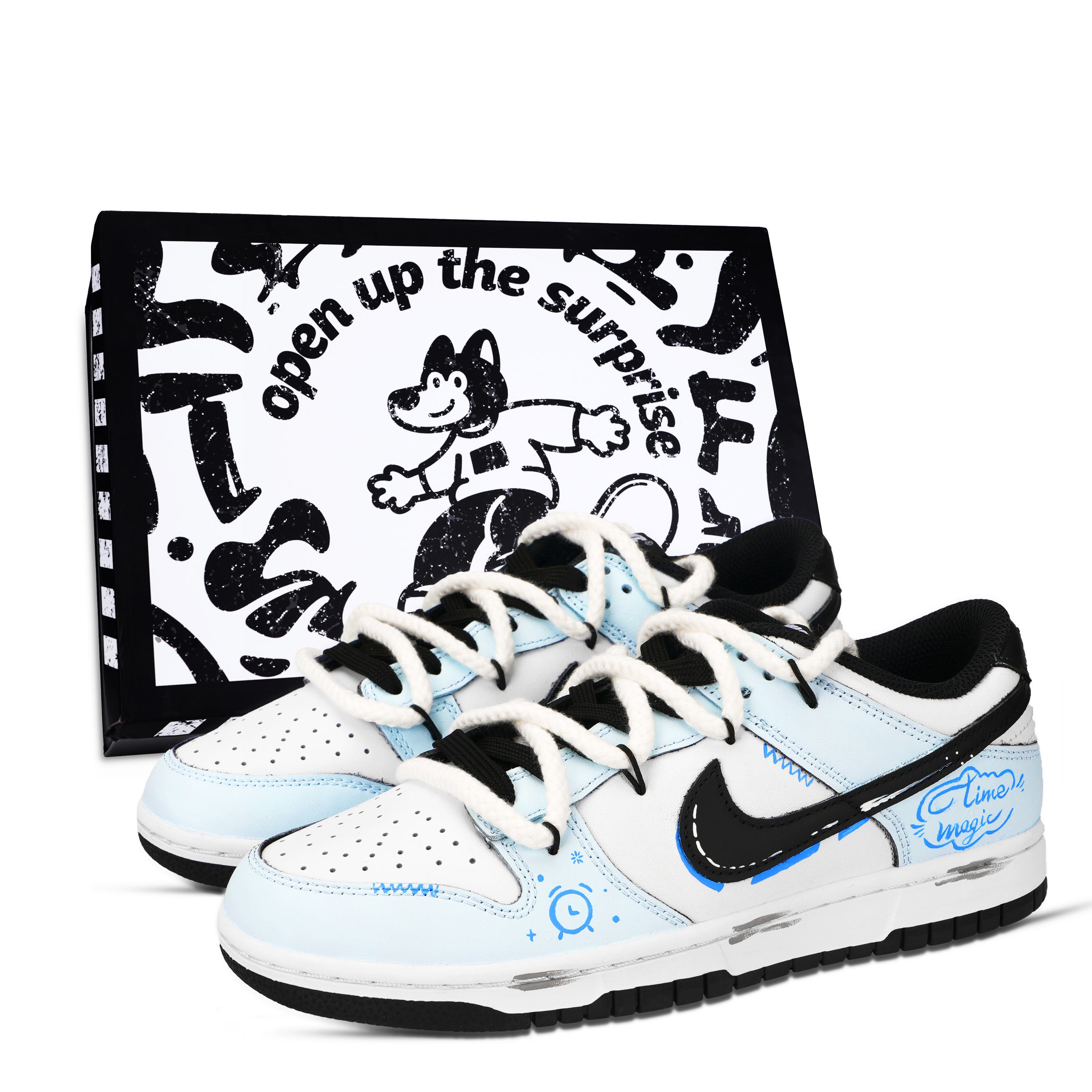 Nike Dunk Black White, Time Magic Shoe Box Abrasion Resistant Low top Skateboard Shoes Unisex Blue White