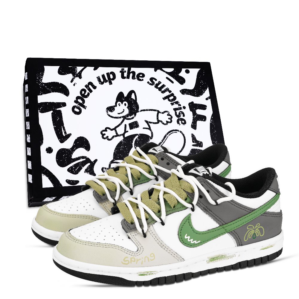 Nike Dunk Black White, Green Shade Abrasion Resistant Low Top Skateboard Shoes Unisex Green Gray White