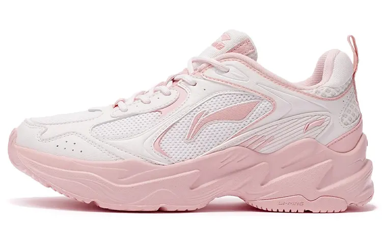 LiNing Shock Absorbers Slip Resistant Abrasion Resistant Breathable Low top Casual Running Shoes Women's White Pink
