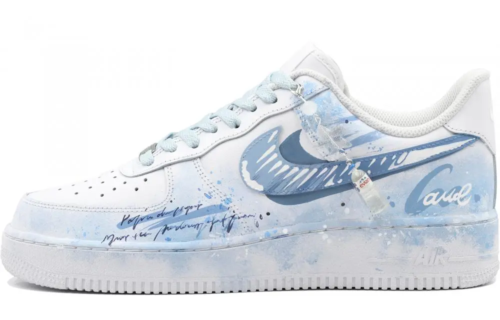 Nike Air Force 1 Box Action Rain Over Distressed Hand-Drawn Wear-Resistant Low-Top Skateboard Shoes Unisex White Blue