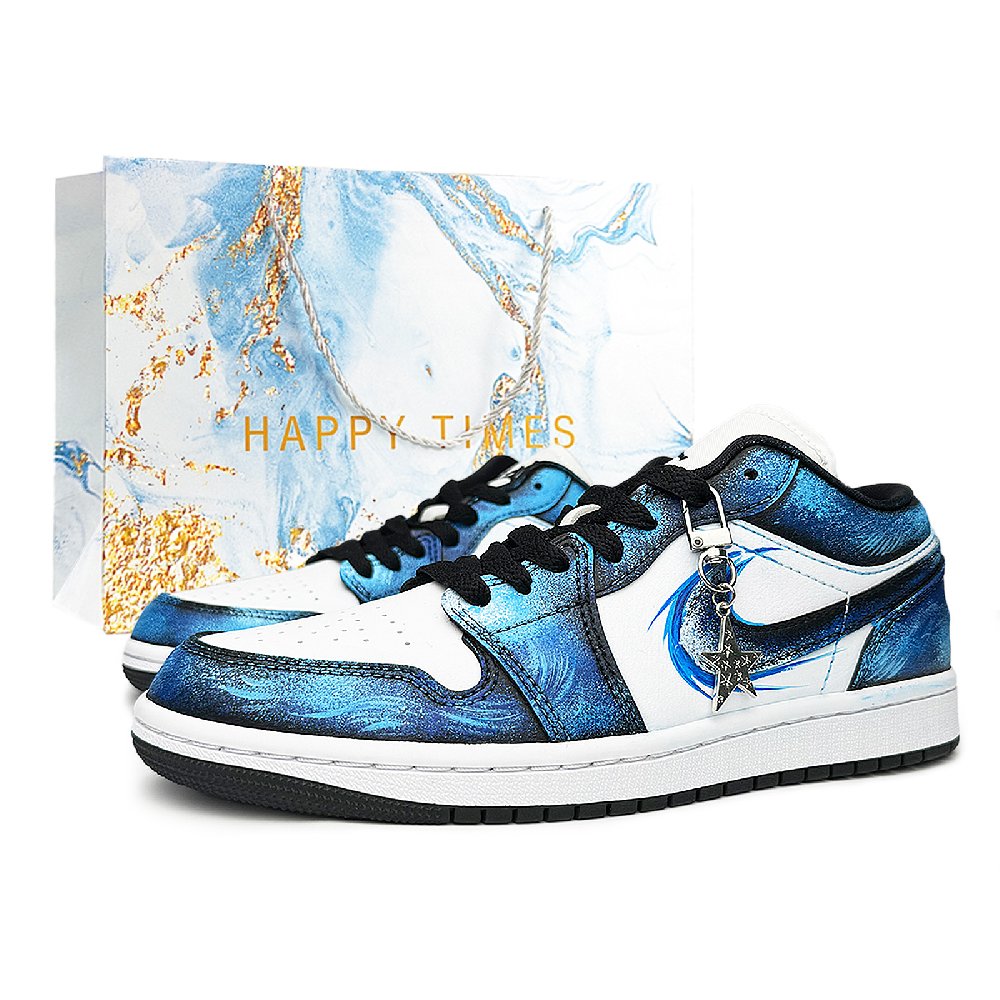 Nike Air Jordan 1 Starry Night Abrasion Resistant Low Top Vintage Basketball Shoes Unisex White Black Blue