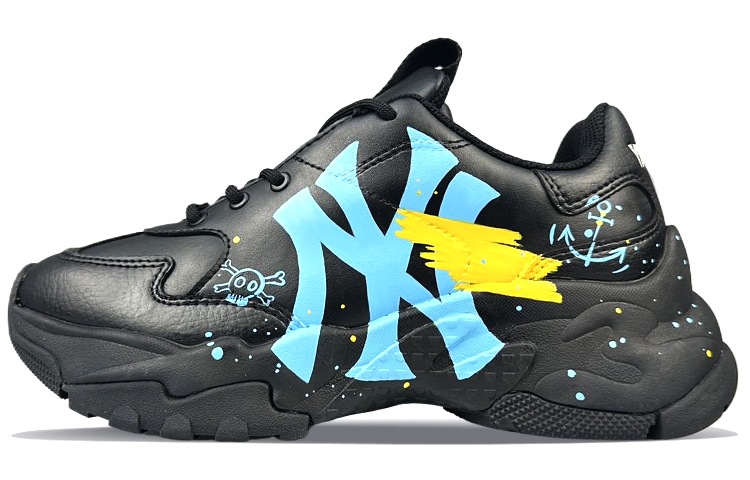 MLB Big Ball Chunky A BNK Wear-Resistant Height Increasing Cushioning Low-Top Chunky Sneakers Unisex Black Blue