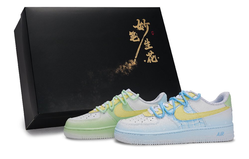 Nike Air Force 1 Wondrous Brush Blossoms, Summer Water Flowers Low Top Skateboard Shoes Unisex White Blue Green