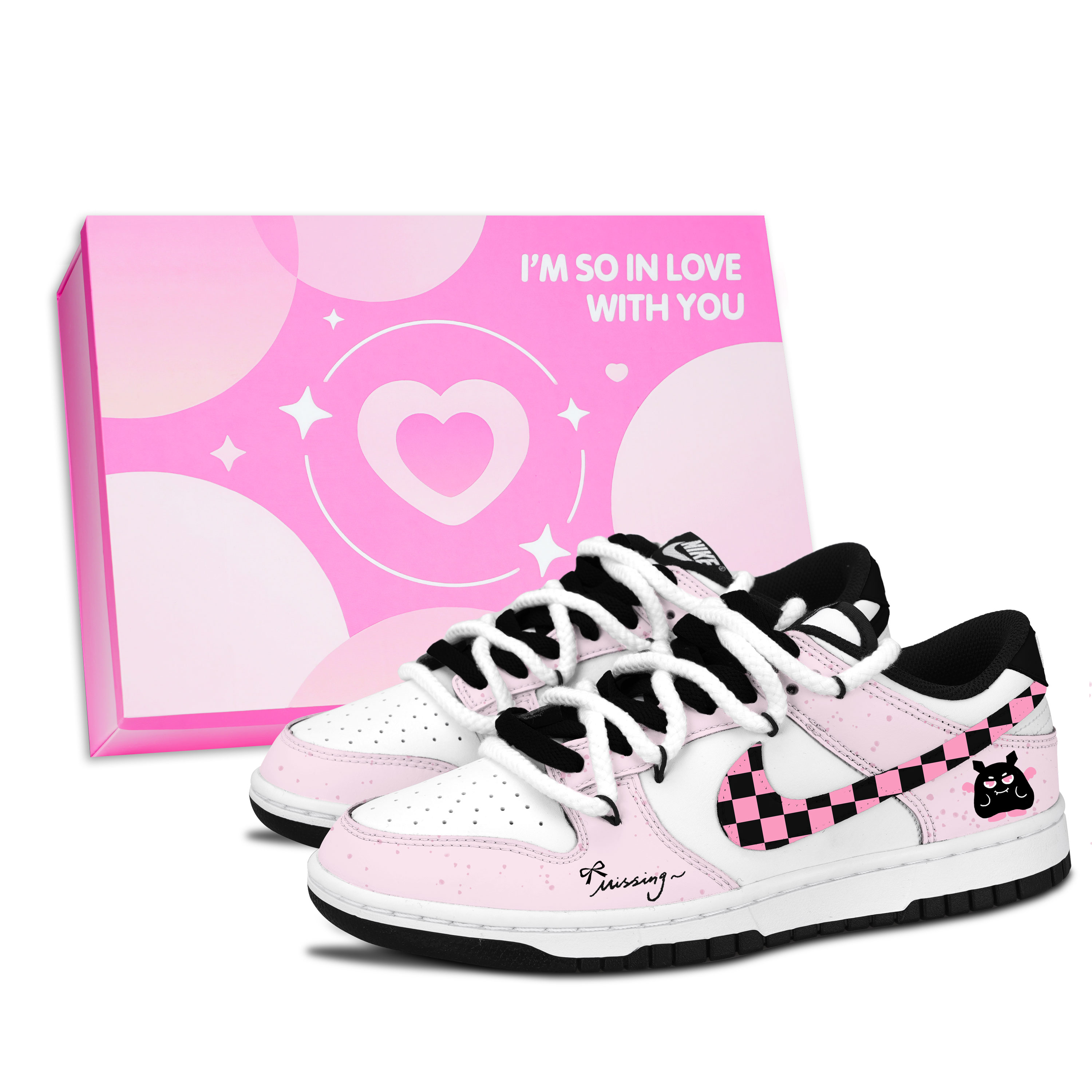 Nike Dunk Black White, Pink Plaid, Magic Elf Abrasion Resistant Low top Skateboard Shoes Unisex Black Pink купить в интернет-магазине Yoocart с быстрой доставкой по России.