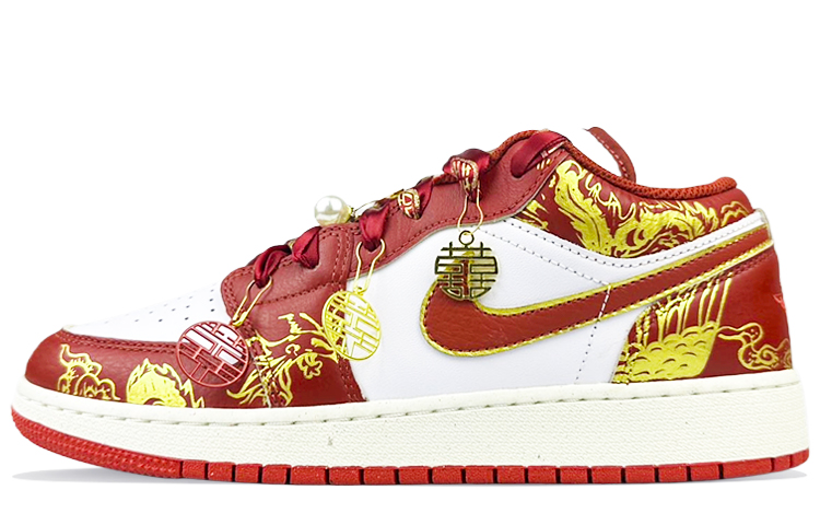 Jordan Air Jordan 1 Durable Breathable Lightweight Low-Top Vintage Basketball Shoes GS White Red
