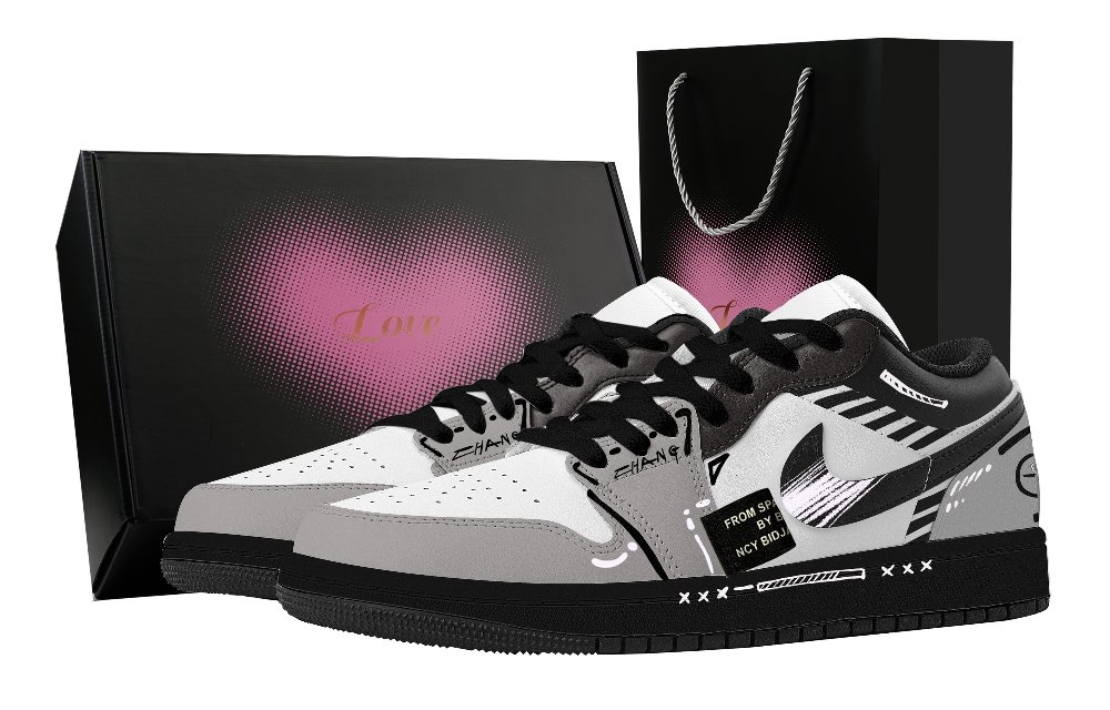 Jordan Air Jordan 1 Black Hole, Heart Box Abrasion Resistant Low Top Vintage Basketball Shoes Men's Black Gray White