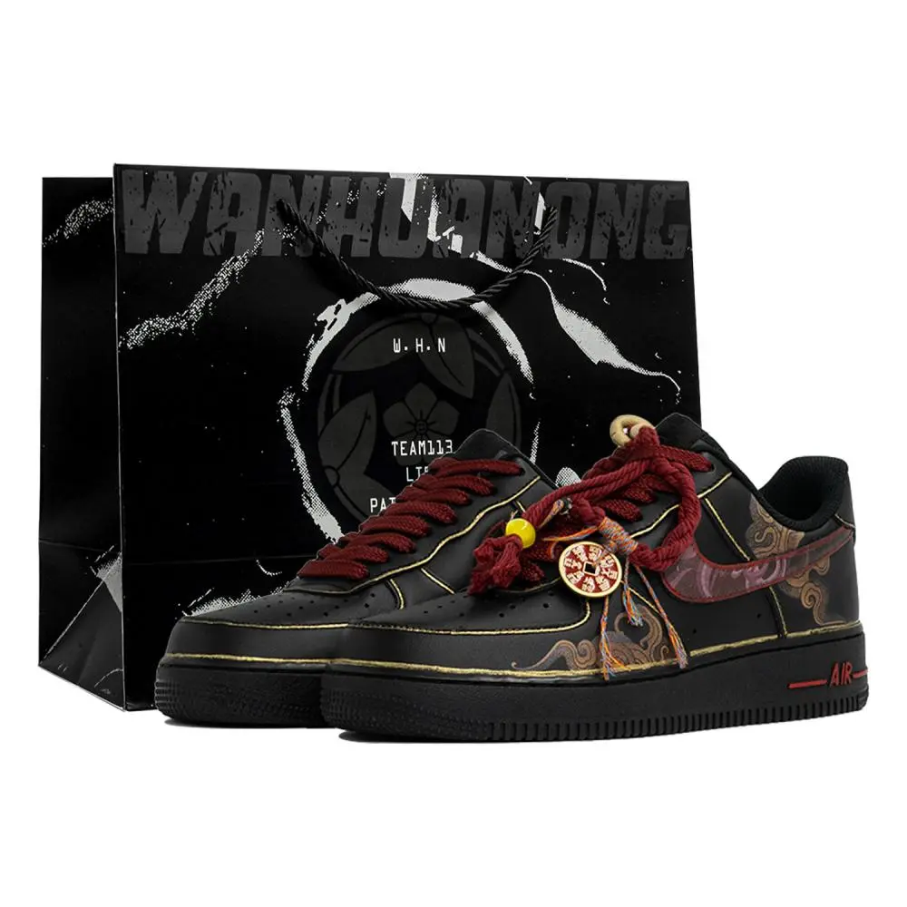 Nike Air Force 1 Kaleidoscope, Year, Shopping Bag Abrasion Resistant Low top Skateboard Shoes Unisex Black Red