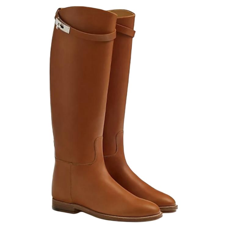 HERMES Jumping Knee high Boots Women's Brown Asian Version
