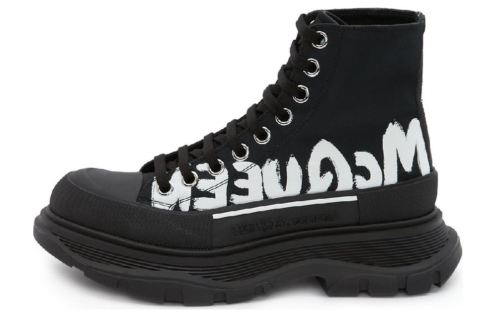 Alexander McQueen Tread Slick Boot Polyfaille Graffiti Black White Women's