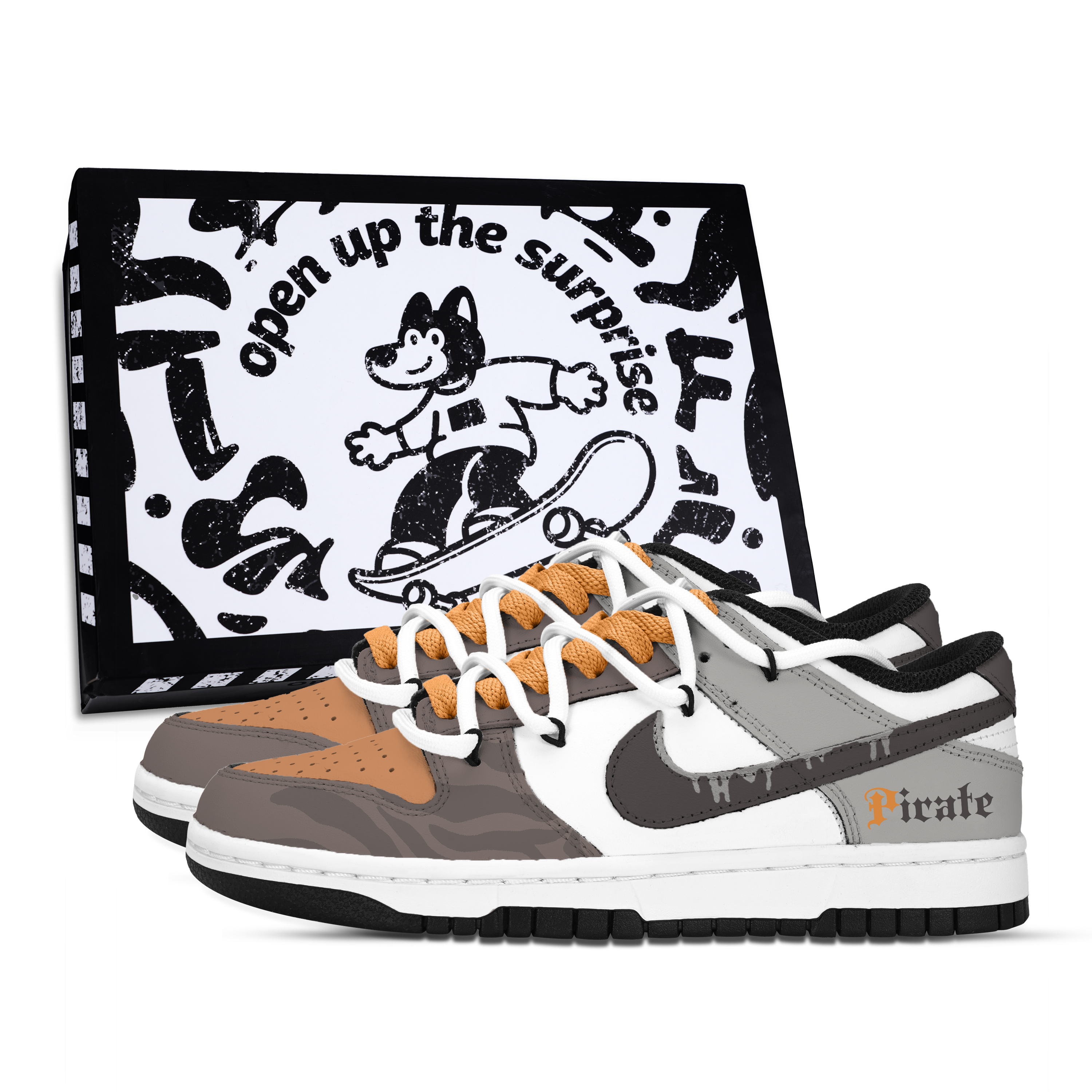 Nike Dunk Poisonous Pattern Thief Flag Abrasion Resistant Low top Skateboard Shoes Unisex Gray Brown Yellow