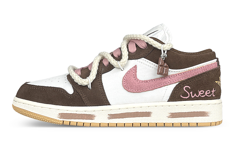JORDAN Air JORDAN 1 Vintage Basketball Shoes Women's Low Top White/Brown/Pink