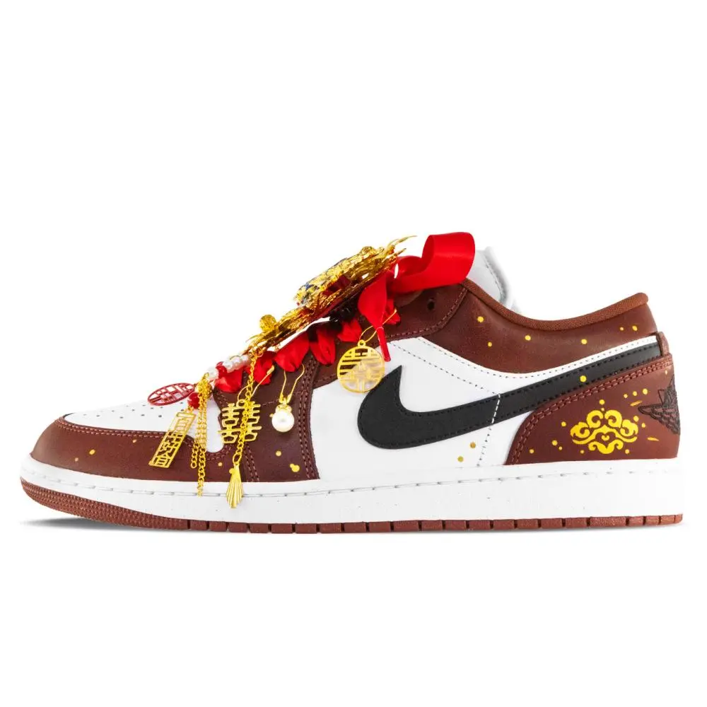 Jordan Air Jordan 1 Cushioning, Wear Resistant Low top Vintage Basketball Shoes Unisex Brown Red Gold