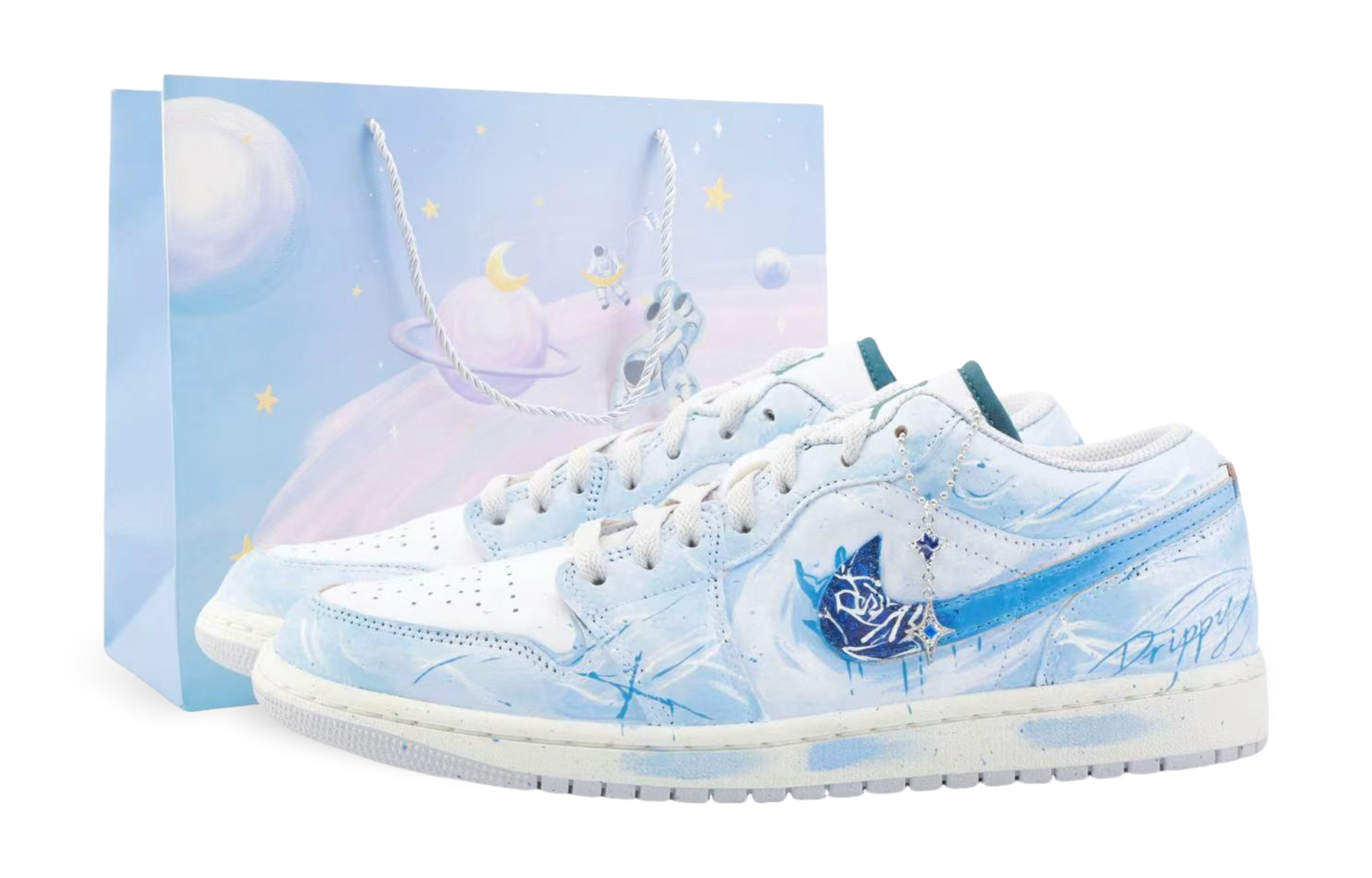 Jordan Air Jordan 1 Drippy Ice Rose Abrasion Resistant Low top Vintage Basketball Shoes Men's Blue White