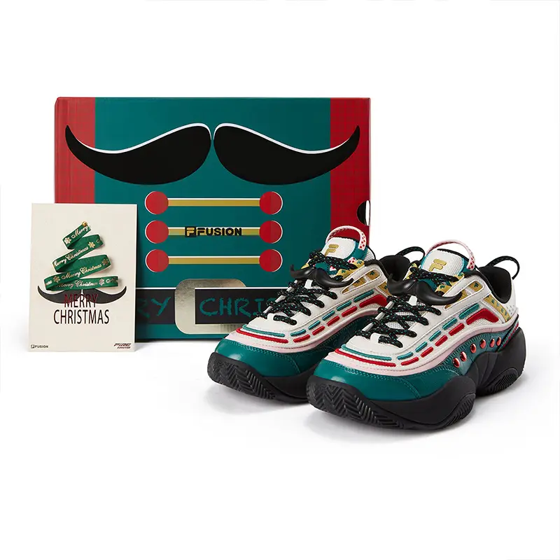 FILA FUSION FIRE XMAS Flame Shoes Wear-Resistant Low-Top Vintage Basketball Shoes Men's White Green Christmas