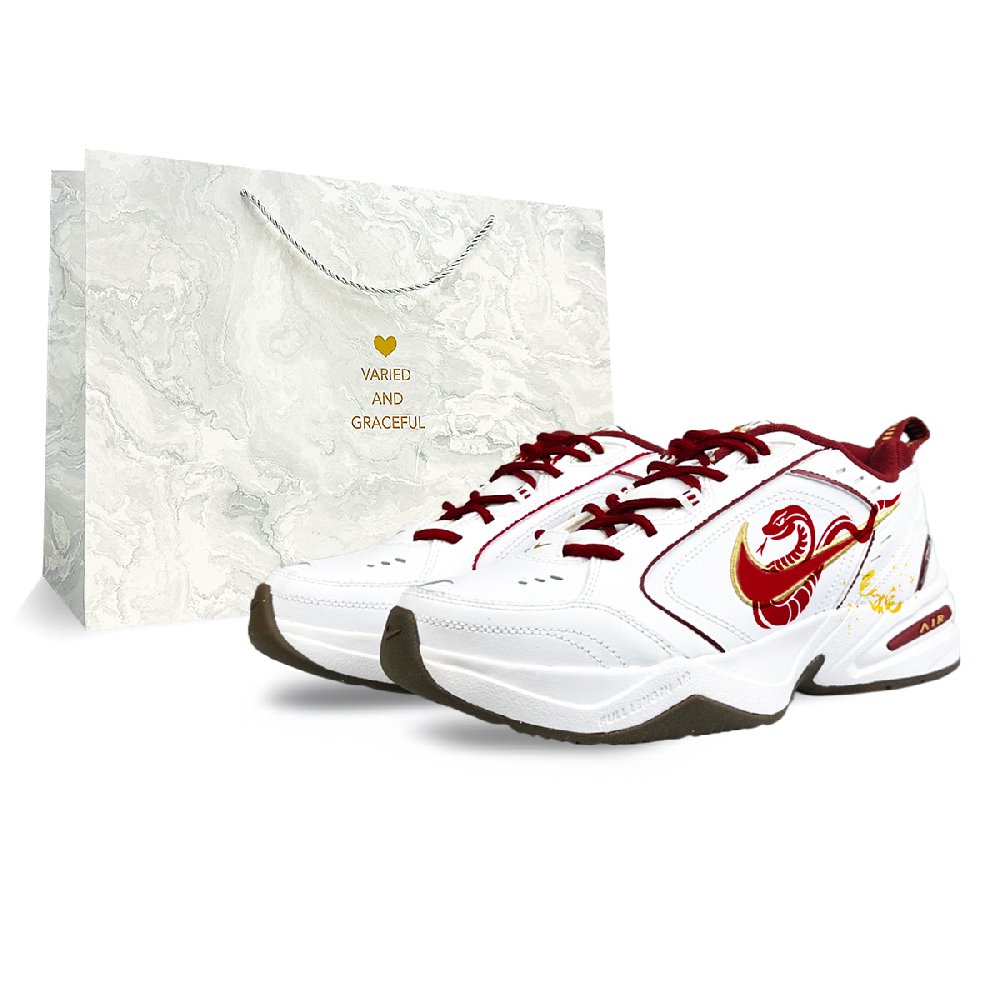 Nike Air Monarch 4 Anti-Slip Wear-Resistant Low-Top Casual Shoes Unisex White Red