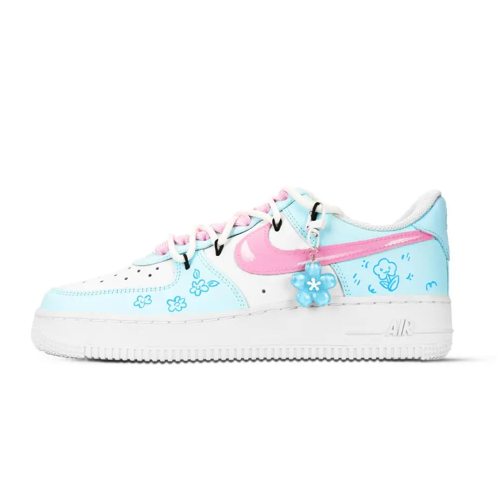 Nike Air Force 1 Flower Painted Leaf Language Abrasion Resistant Low Top Skateboard Shoes Unisex Blue Pink White
