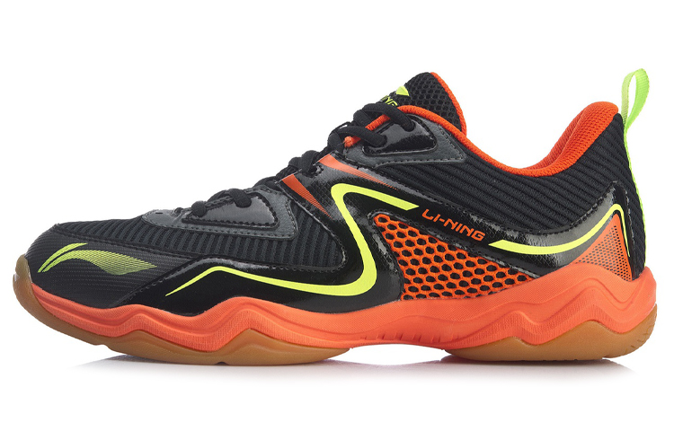 LiNing Cushioning Abrasion Resistant Breathable Low Top Badminton Shoes Unisex Black Orange