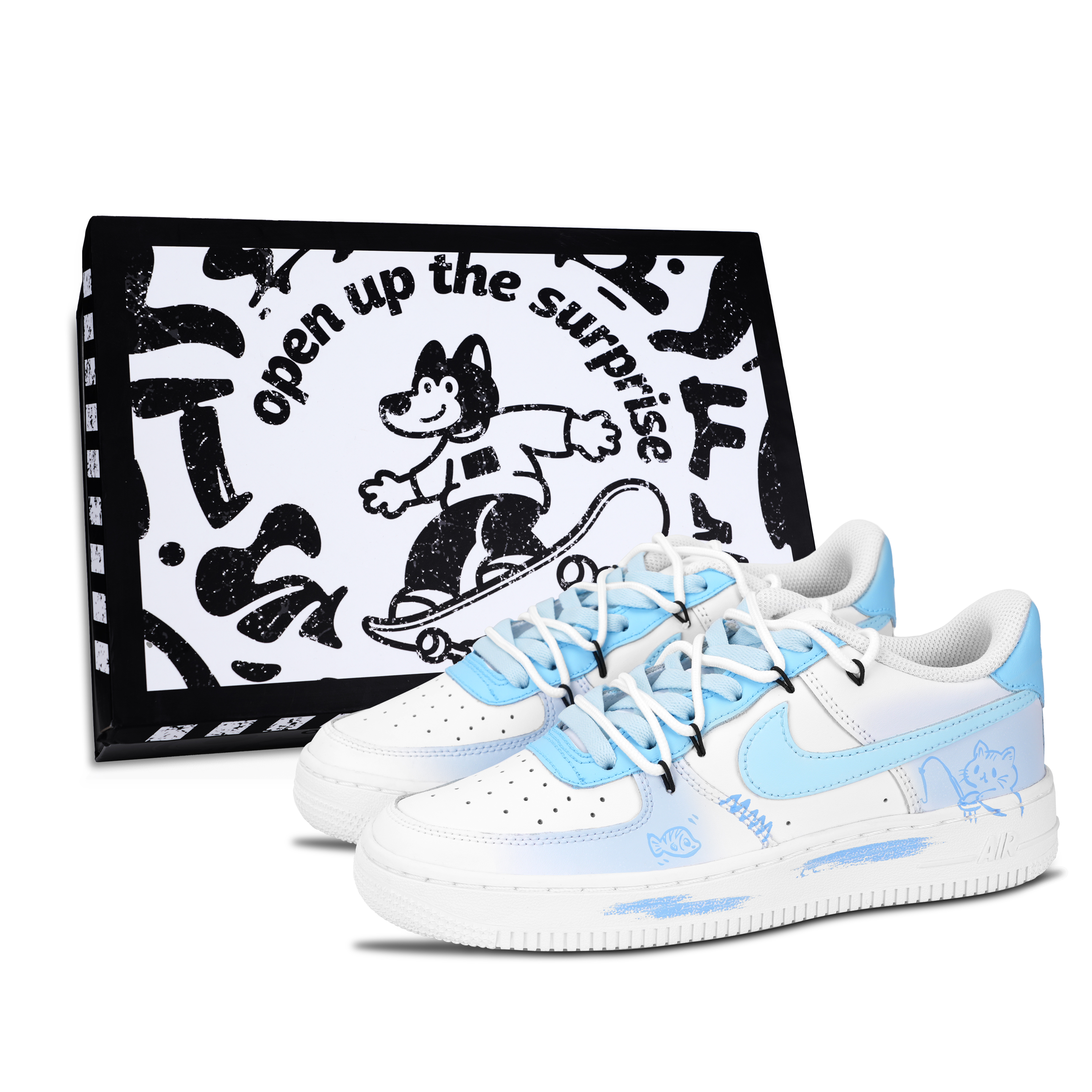 Nike Air Force 1 Kitten Fishing Black Shoe Box Abrasion Resistant Low top Skateboard Shoes Unisex Blue