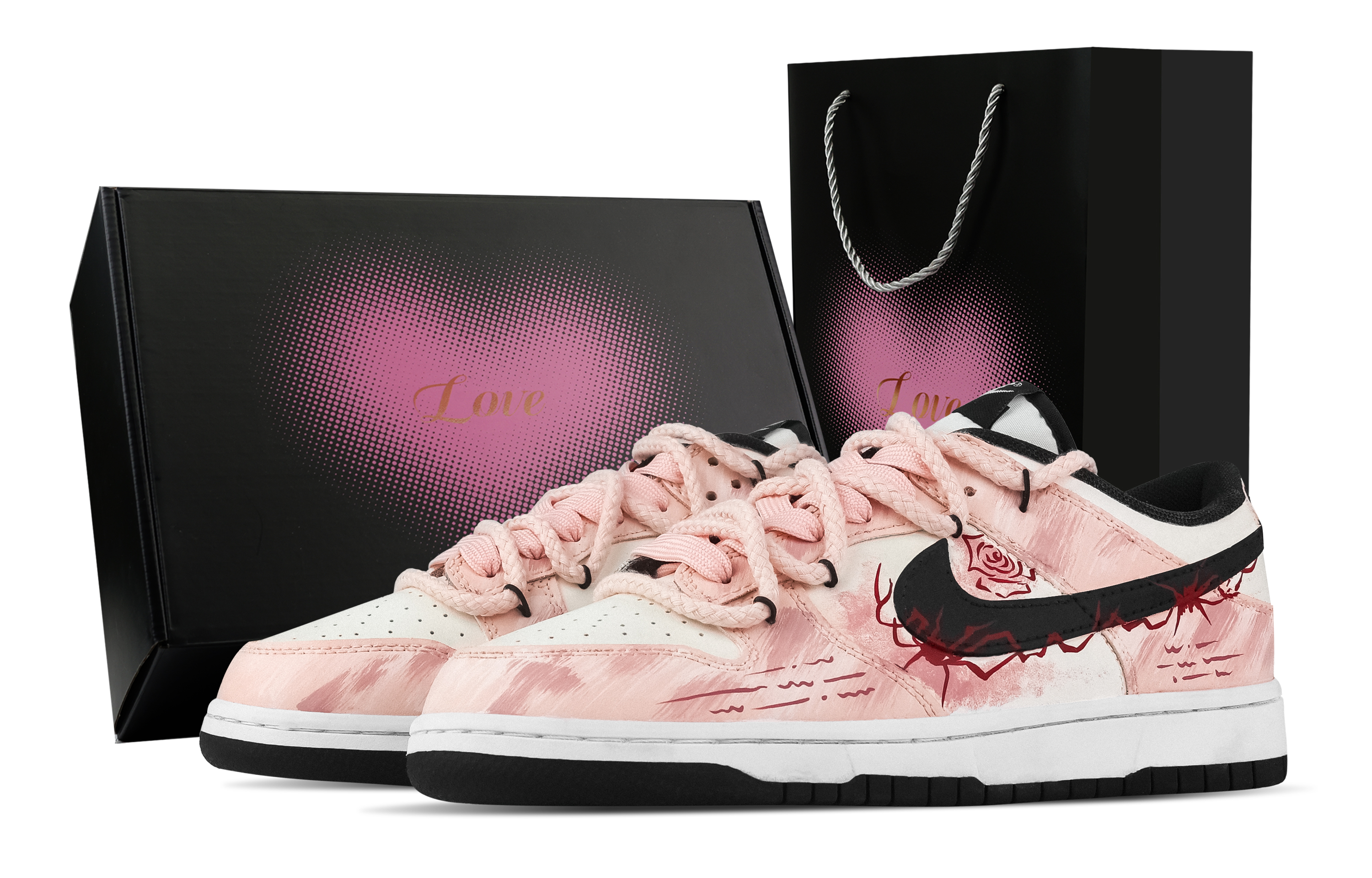 Nike Dunk Rose Red Spiders, Heart Box Abrasion Resistant Low top Skateboard Shoes Unisex