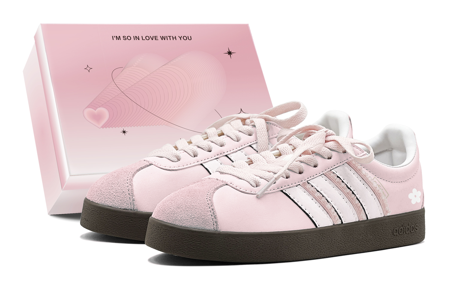 Adidas Vl Court Classic Floral Pink, Elegant Light Pink, Girlish Heart Low top Casual Skateboard Shoes Unisex Pink