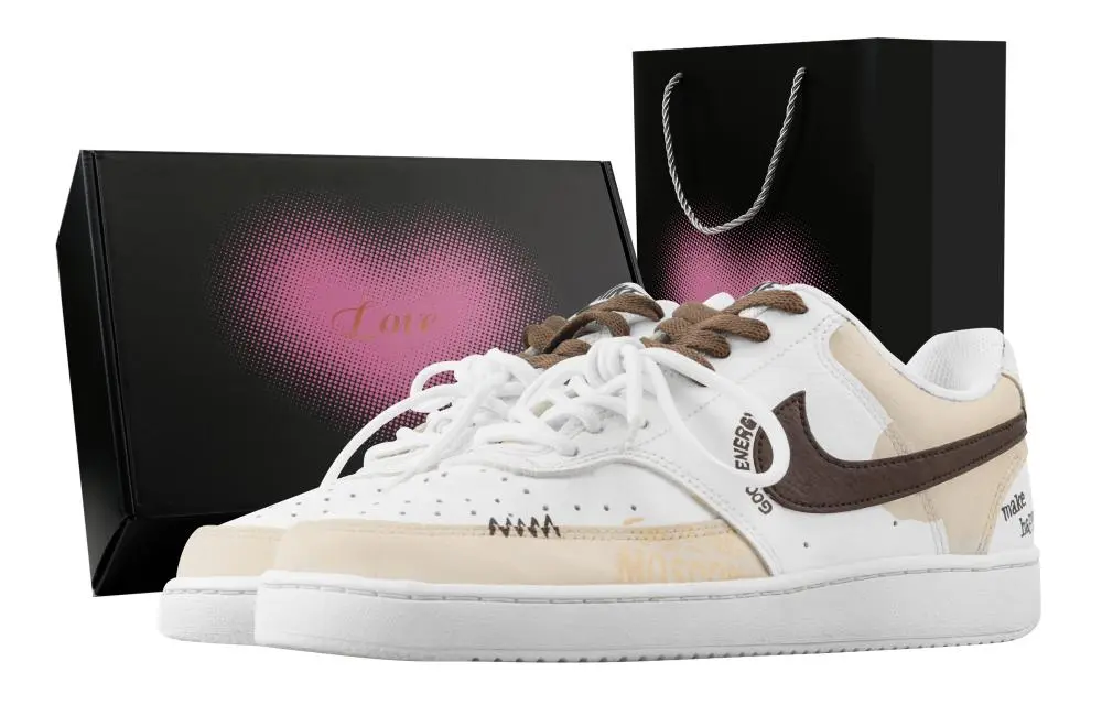 Nike Court Vision 1 Deserted Smoke, Heart Box Abrasion Resistant Low top Skateboard Shoes Men's White Brown