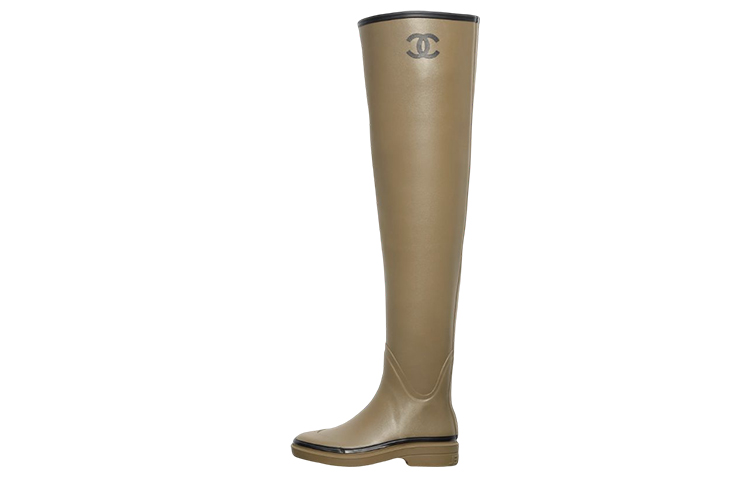 CHANEL Thigh High Rubber Rain Boots Dark Beige Women's