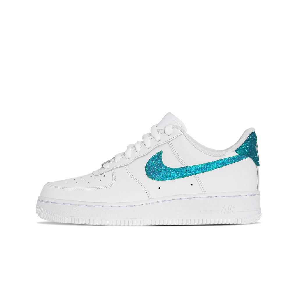 Nike Air Force 1 Slip Resistant Low Top Skateboard Shoes Unisex White Peacock Blue Sparkle Diamond