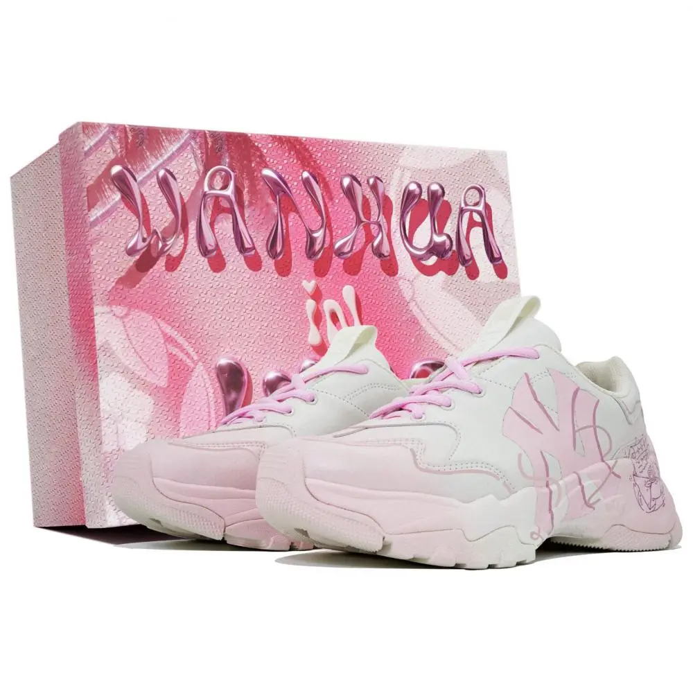 MLB Big Ball Chunky Kaleidoscope, Spring Letter, Box Slip Resistant Low Top Chunky Sneakers Unisex White Pink