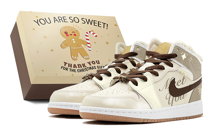 Jordan Air Jordan 1 Spring Festival Greetings, Romantic Firework Mid Top Vintage Basketball Shoes GS Brown