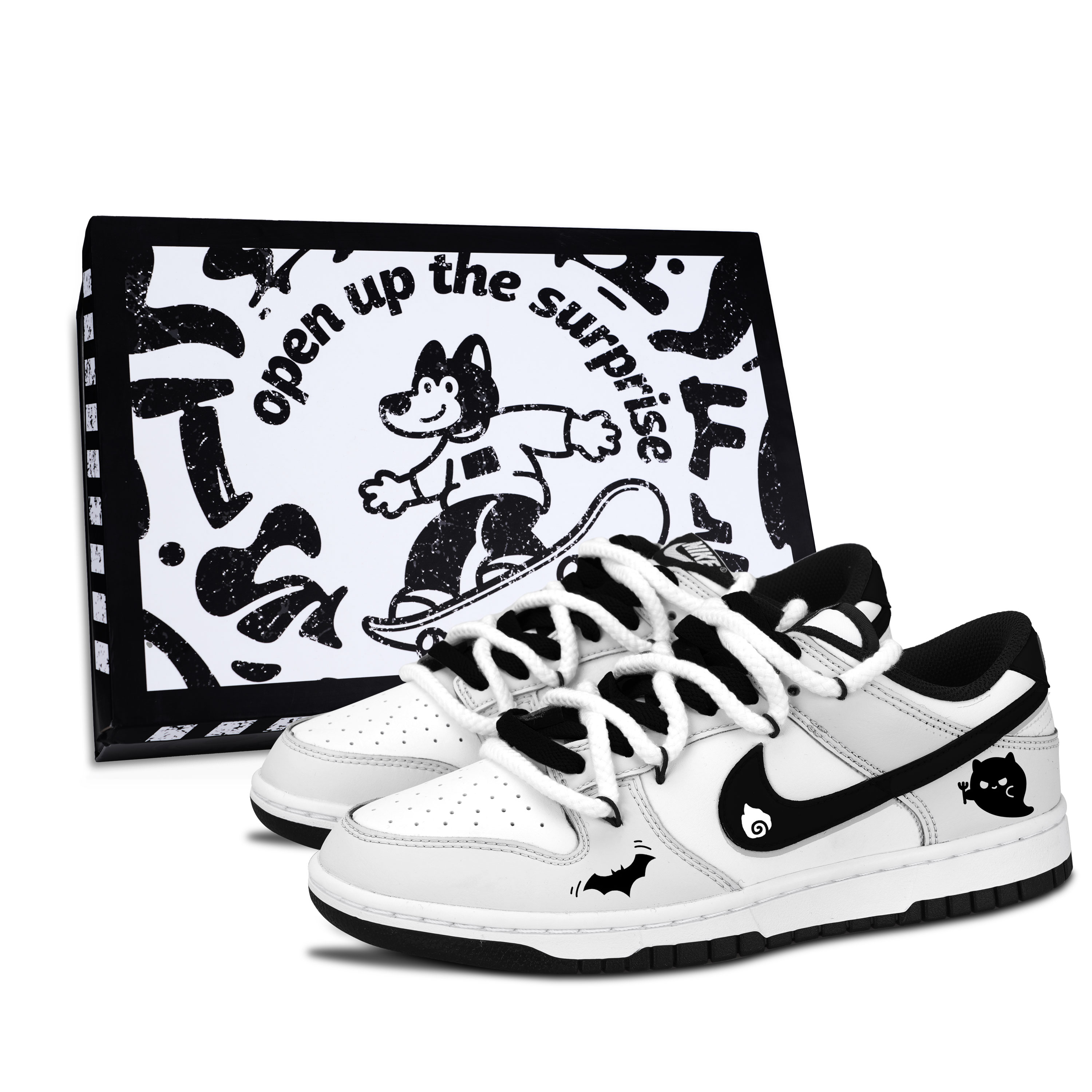 Nike Dunk Black White, Black Bat Spirit Slip Resistant Abrasion Resistant Low top Skateboard Shoes Unisex