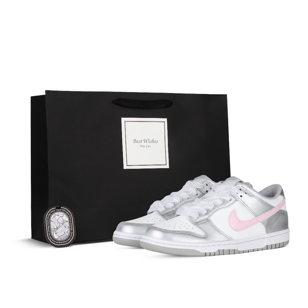 Nike Dunk Anti-Slip Wear-Resistant Low-Top Skateboard Shoes GS Silver Pink/White