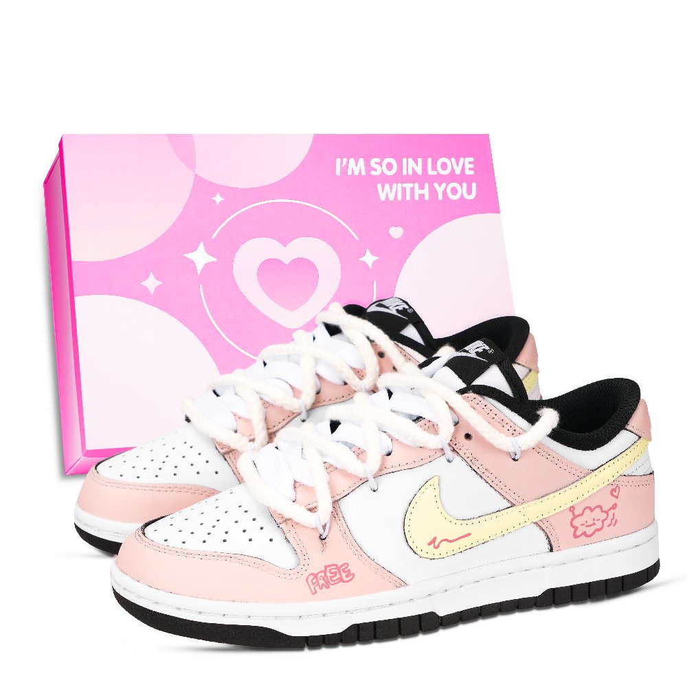 Nike Dunk Black White, Pink Cloud Abrasion Resistant Low Top Skateboard Shoes Unisex Pink Yellow White