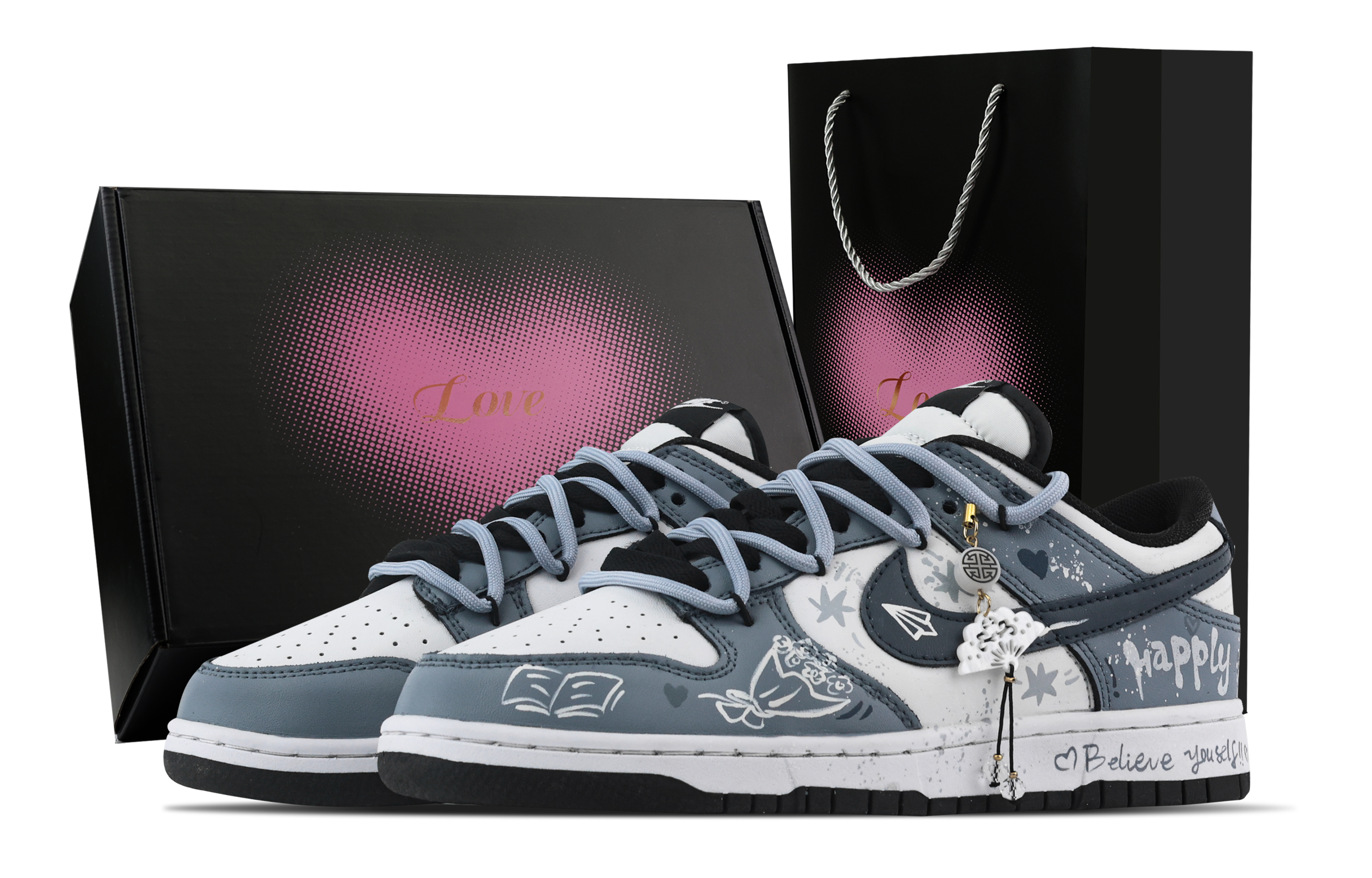 Nike Dunk Bookish Charm, Heart Box Abrasion Resistant Slip Resistant Low top Skateboard Shoes Unisex