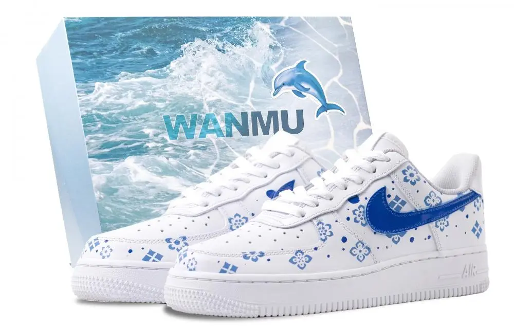 Nike Air Force 1 Blue And White Porcelain Abrasion Resistant Low top Skateboard Shoes Unisex White Blue