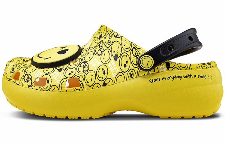 Crocs X Smiley Classic Clog Thick Sole Smiling Face Clouds Sandals Yellow Black Women's