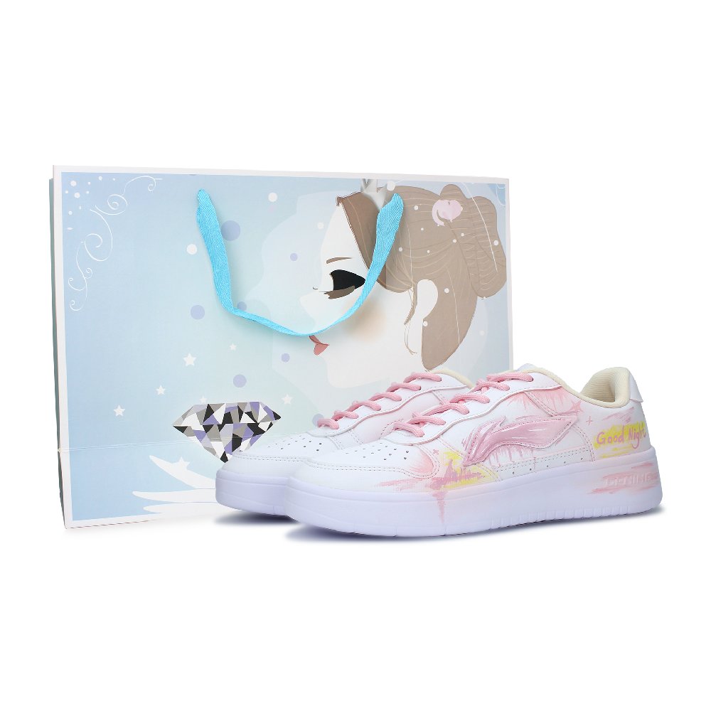 LiNing Pontoon Boats Abrasion Resistant, Lightweight, And Breathable Low Top Skateboard Shoes Women's White Pink
