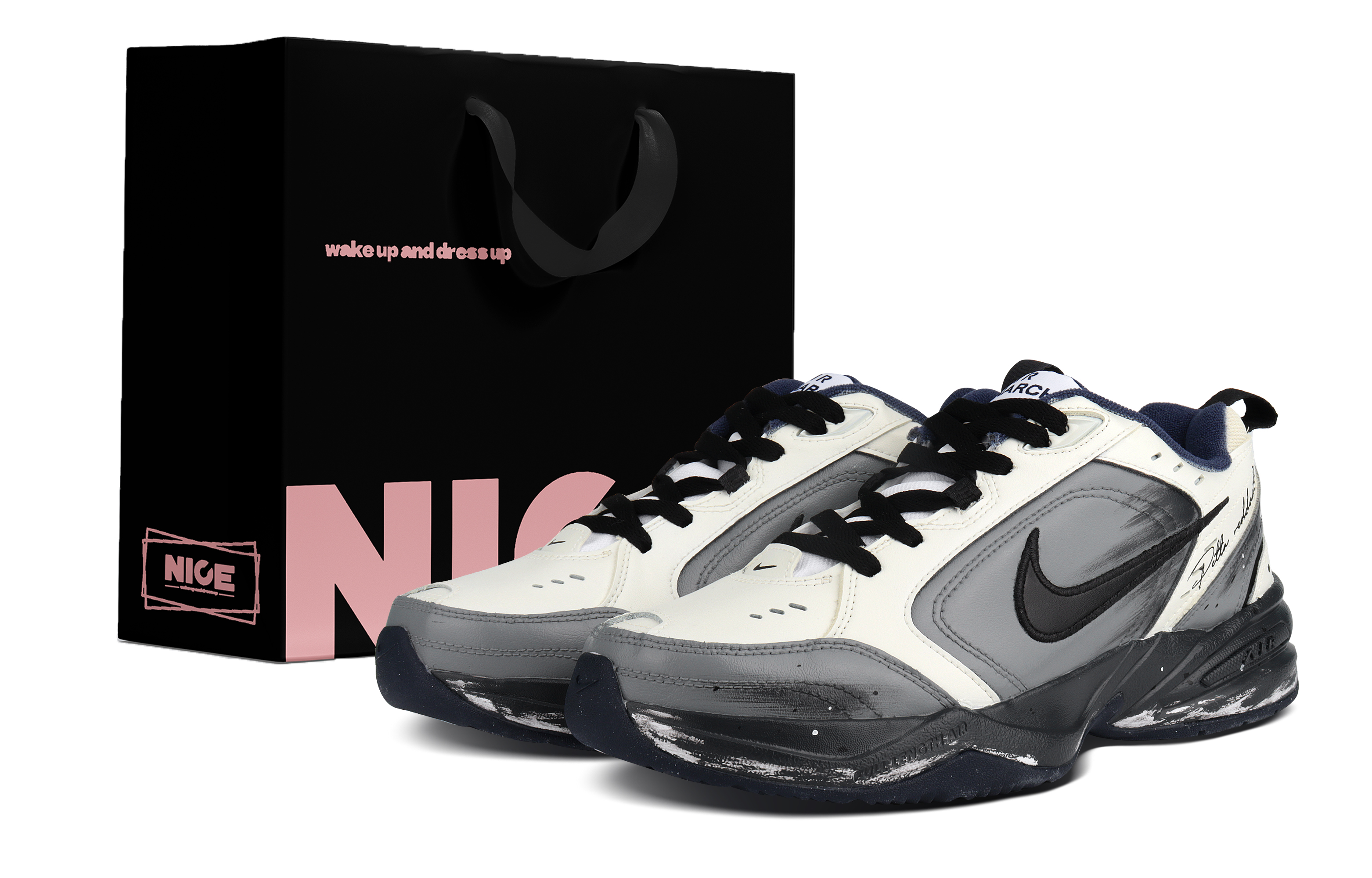 Nike Air Monarch 4 Height Increasing Abrasion Resistant Slip Resistant Low top Chunky Sneakers Unisex Gray Beige Black