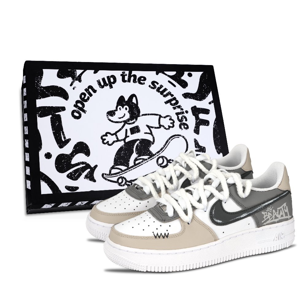 Nike Air Force 1 Vintage Graffiti Abrasion Resistant Low Top Skateboard Shoes Unisex Gray Brown