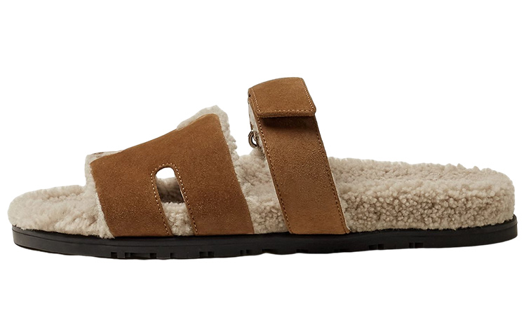 HERMES Chypre Sandal Brun Fume Suede Woolskin M