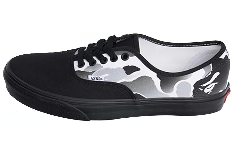 A BATHING APE x Vans Authentic Anti Slip Wear Resistant Low Top Skateboard Shoes Unisex Black White Camouflage