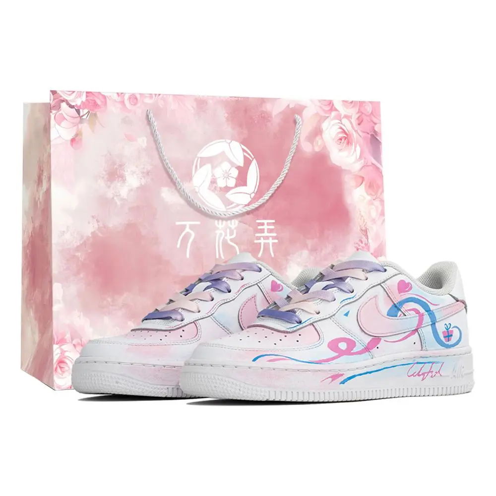 Nike Air Force 1 Multicolor Shopping Bag Abrasion Resistant Low top Skateboard Shoes Unisex Pink Blue White