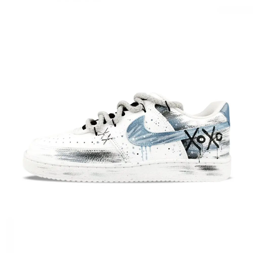 Nike Court Vision 1 BNK Ink Splatter Graffiti Abrasion Resistant Low top Skateboard Shoes Unisex White Blue
