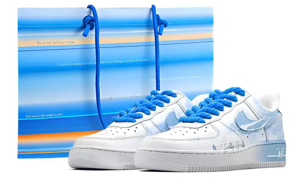 Nike Air Force 1 Blue Tide Painted Feather, Shopping Bag Abrasion Resistant Low top Skateboard Shoes Unisex Blue White