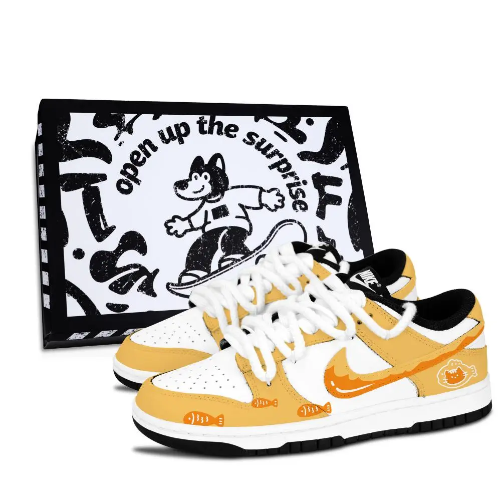 Nike Dunk Black White, Meow Fish Fun Slip Resistant Abrasion Resistant Low top Skateboard Shoes Unisex Yellow