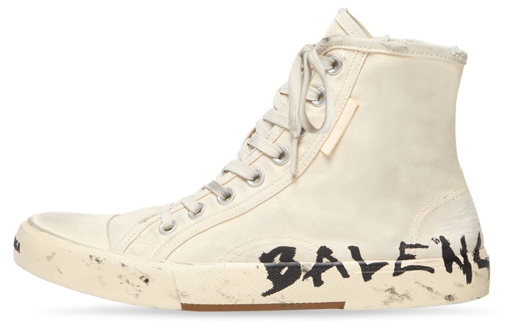 Balenciaga Paris High Top Sneakers 'White Destroyed Cotton And White Rubber With Graffiti'