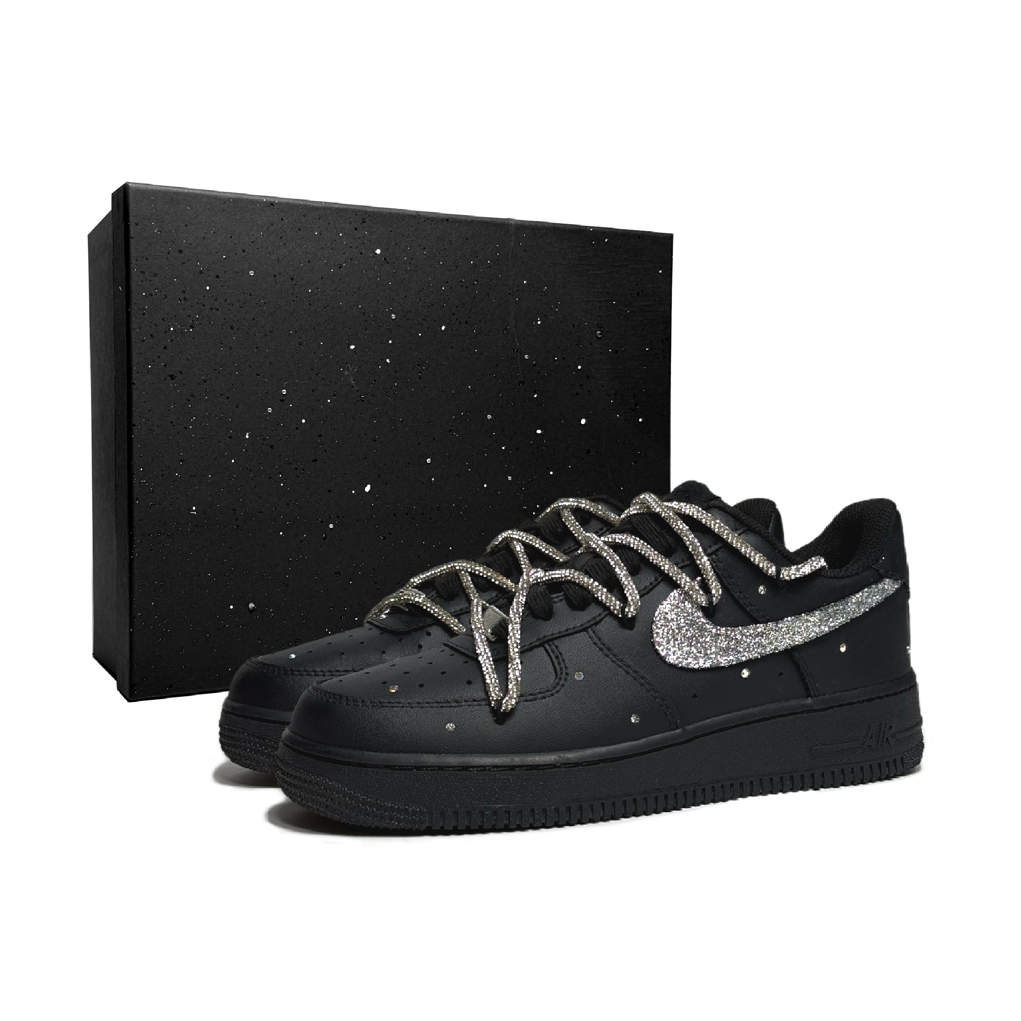 Nike Air Force 1 Sparkling Stars, Luxury Style Abrasion Resistant Low top Skateboard Shoes Unisex Black Silver